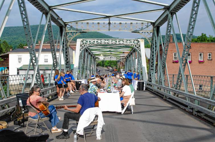 The duo 133 Skeele, consisting of Sheryl Stanton and Bobby D, performs at the Iron Bridge Dinner in Shelburne Falls on Sunday.