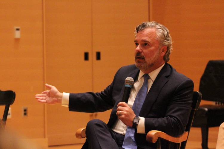 Massachusetts Democratic Committee Chair Steve Kerrigan, pictured during a conversation on “Political Parties in Polarized Times” at Deerfield Academy on Tuesday.
