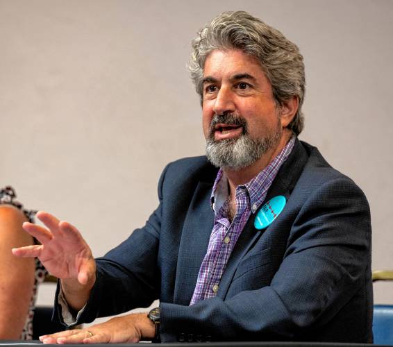 Max Page, of Amherst, president of the Massachusetts Teachers Association, appeared before the Special Commission on Combating Antisemitism on Monday. The commission, co-chaired by state Sen. John Velis, D-Westfield, questioned Page about the numerous pro-Palestinian exhibits — resources that educators might use in their classrooms — drawn from a members-only section of the Massachusetts Teachers Association website. Page called the hearing an “inquisition that was beneath the dignity of the Legislature.” Max Page, of Amherst, president of the Massachusetts Teachers Association, appeared before the Special Commission on Combating Antisemitism on Monday. The commission, co-chaired by state Sen. John Velis, D-Westfield, questioned Page about the numerous pro-Palestinian exhibits — resources that educators might use in their classrooms — drawn from a members-only section of the Massachusetts Teachers Association website. Page called the hearing an “inquisition that was beneath the dignity of the Legislature.”