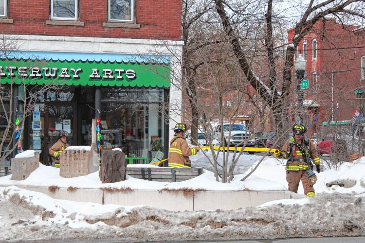 Turners Falls firefighters close off a portion of Avenue A after a report of a gas leak from the basement of The Upper Bend on Friday afternoon.