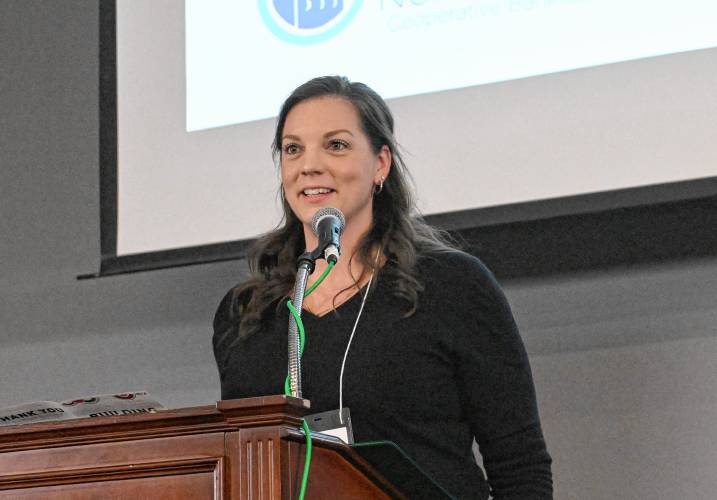 Greenfield Cooperative Bank representative Chelsea Depault, a graduate of Greenfield Community College, speaks at the GCC Foundation’s “Building Bridges and Belonging: GCC’s Celebration of Community” fundraising dinner last week.