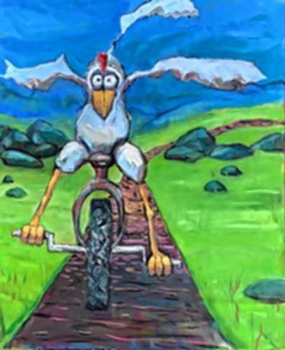 Pat Little’s “Cosmic Chickens” series features chickens doing silly things, such as riding a bike. Her paintings are on display at Mocha Maya’s in Shelburne Falls until March 16.