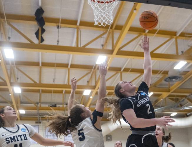 Amherst guard Reagan Pahl (2) attempts a layup during the NCAA Division 3 Women's Basketball tournament Round of 32 game against Smith at Ainsworth Gym, Saturday, March 8, 2025, in Northampton.