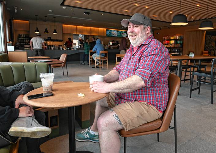 Turners Falls resident Sean Berthiaume at the newly opened Starbucks on the Mohawk Trail in Greenfield.