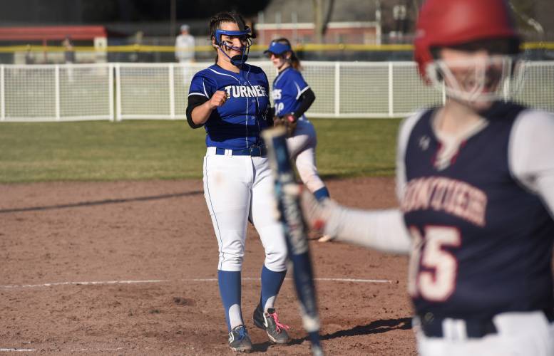 Turners Falls’ Madi Liimatainen smiles after recording the 1,000th strikeout of her varsity career against Frontier on Wednesday at Zabek Field in South Deerfield.