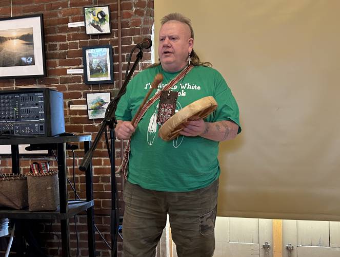 Roger Longtoe Sheehan, chief of the Elnu Band of Abenaki, sings during a previous Day of Remembrance in Turners Falls.