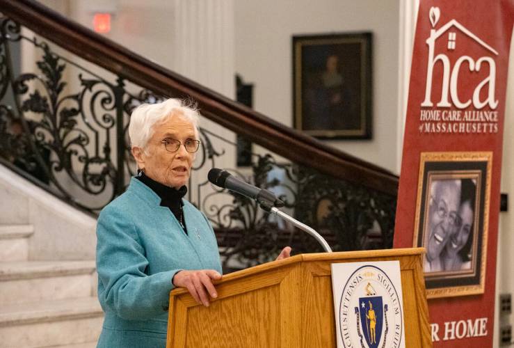 Sen. Patricia Jehlen speaks at a home care lobby day at the State House on Jan. 30, 2024.