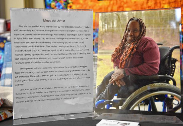 Greenfield fabric artist Alicia Rhodes has her work on display at Greenfield Savings Bank’s Turners Falls branch on Avenue A throughout March.