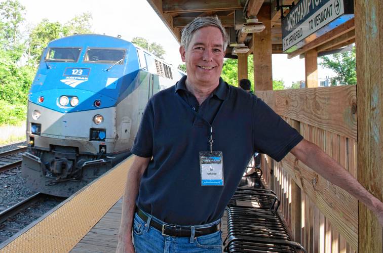 Ben Heckscher, co-founder of Trains in the Valley, waits for the Valley Flyer as it makes its stop in Northampton Tuesday.