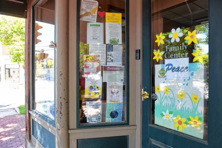 A peace sign in the window at the Family Center in Turners Falls. 