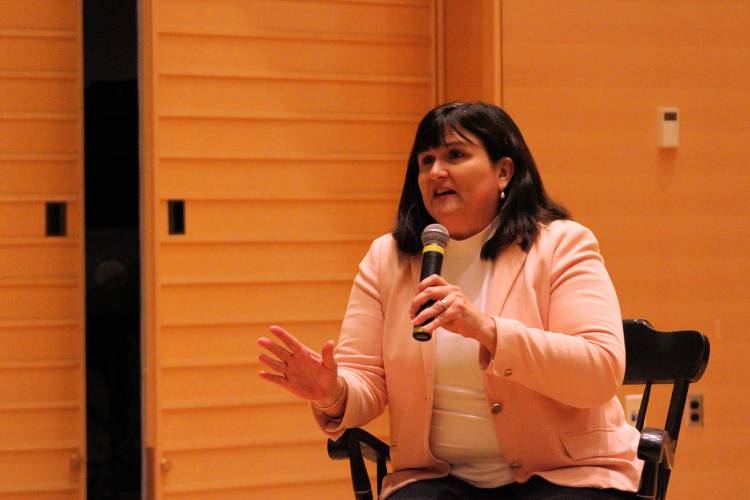 Massachusetts Republican Committee Chair Amy Carnevale, pictured during a conversation on “Political Parties in Polarized Times” at Deerfield Academy on Tuesday.