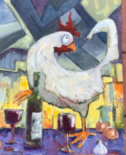 “Coq au vin” by Pat Little is included in her “Cosmic Chickens” series, currently on display at Mocha Maya’s in Shelburne Falls.