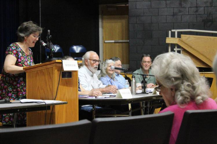 Buckland Finance Committee Chair Larry Langford speaks about the town’s fiscal year 2026 budget at Annual Town Meeting on Saturday.