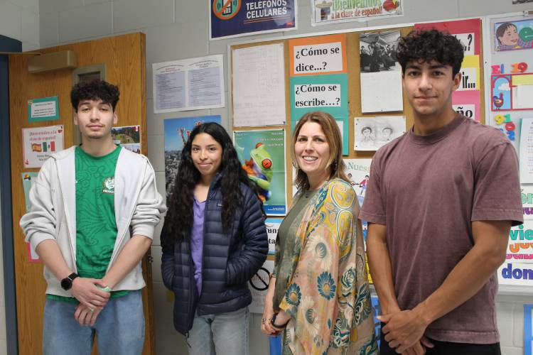 From left, Jonathan Olvera-Aguilera, Perla Ordaz, Frontier Regional School Spanish teacher Pamela Sharron and Ben Cachiguango. The three students earned the Seal of Biliteracy in Spanish.