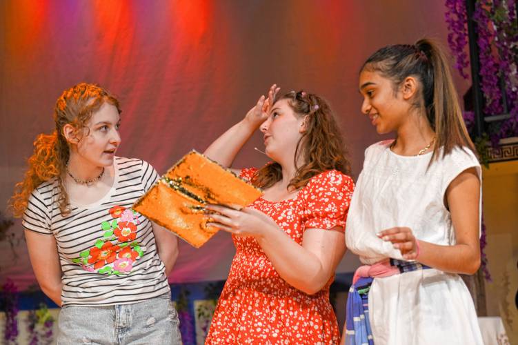 Leila Bosman as Lisa, Sofia Hebert as Sophie and Hashini Ratnatunge as Ali rehearse for “Mamma Mia!” being put on by the Frontier Regional School theater program.