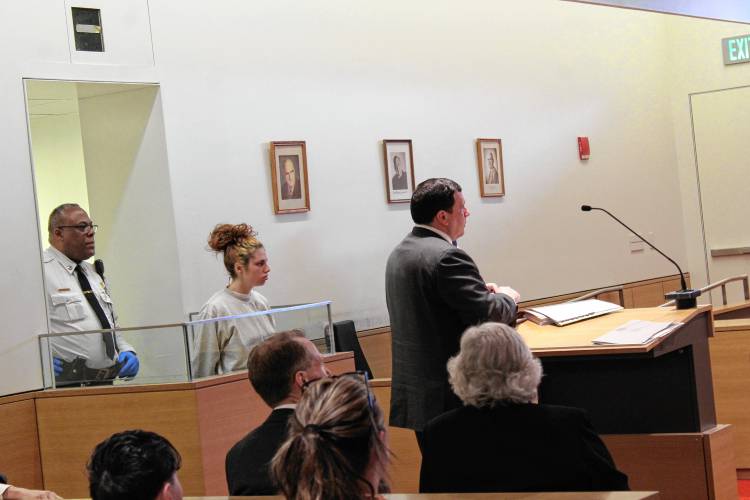 Defendant Kortney Thurber stands before Greenfield District Court Judge William Mazanec III last week as her trial date is set for July 17.