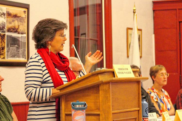 Town Moderator Phoebe Walker during Special Town Meeting on Tuesday at Buckland Town Hall.