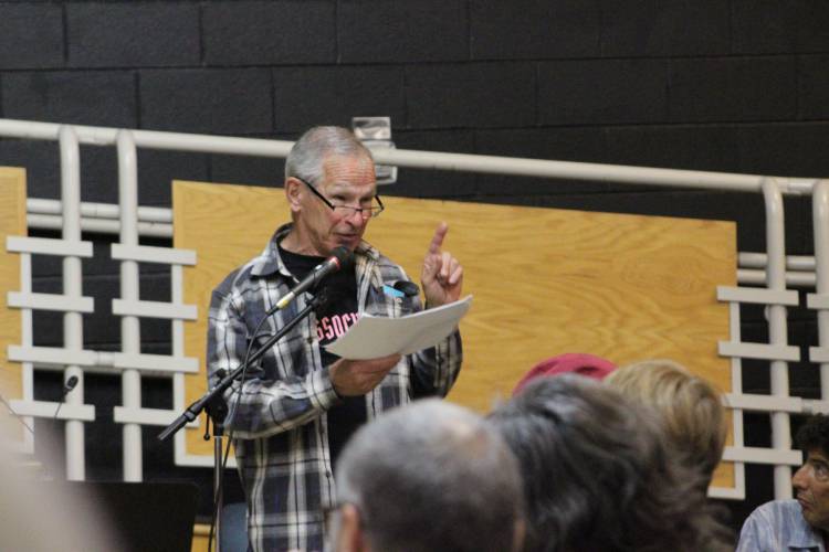 Mike McCusker speaks about the Buckland Historical Commission’s petition article to fund a survey of historical sites during Annual Town Meeting on Saturday.