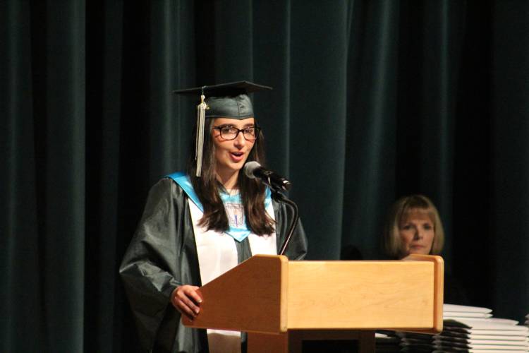 Isabella Semonelli, president of Greenfield High School’s class of 2025, speaks to her fellow seniors during Saturday’s graduation ceremony.