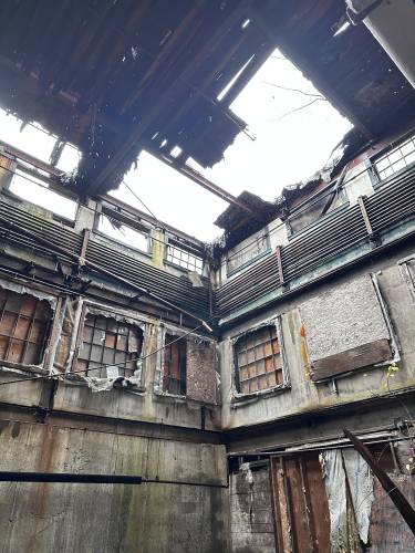 The interior of Strathmore mill complex Building 11 on Monday, Oct. 30, 2023. The Strathmore represents a major project for Montague in 2024, as the buildings are moving toward active collapse. To stay ahead of this, the town is trying to secure resources for the design of a demolition plan that has already been in the works, but will continue this year with a $163,000 Site Readiness grant the town received from the state.