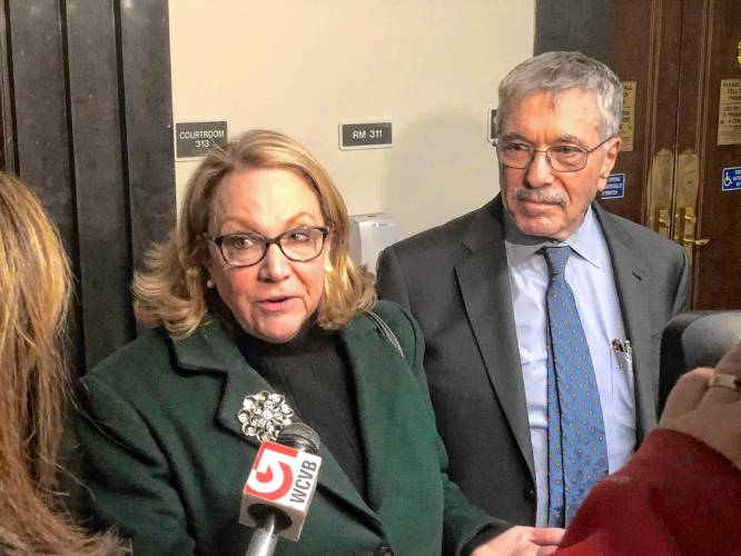 Suspended Cannabis Control Commission Chair Shannon O’Brien and her lawyer, Max Stern, spoke with reporters after a Dec. 14, 2023 hearing in Suffolk County Superior Court. Suspended Cannabis Control Commission Chair Shannon O’Brien and her lawyer, Max Stern, spoke with reporters after a Dec. 14, 2023 hearing in Suffolk County Superior Court.