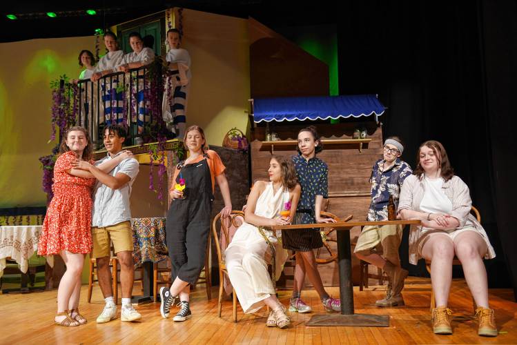 Cast members rehearse for “Mamma Mia!” being put on by the Frontier Regional School theater program.
