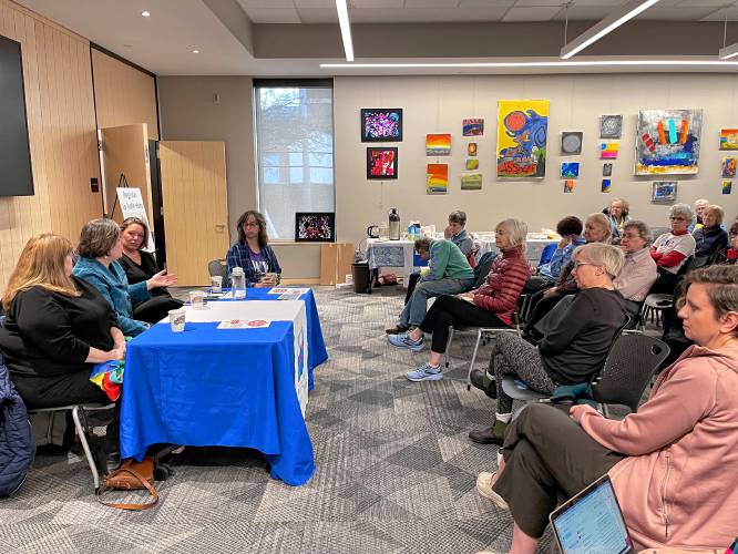Rep. Susannah Whipps, Sen. Jo Comerford and Rep. Natalie Blais answered questions and urged attendees to advocate and vote to make their voices heard during the League of Women Voters of Franklin County’s annual Legislative Coffee at the Greenfield Public Library on Saturday. Rep. Susannah Whipps, Sen. Jo Comerford and Rep. Natalie Blais answered questions and urged attendees to advocate and vote to make their voices heard during the League of Women Voters of Franklin County’s annual Legislative Coffee at the Greenfield Public Library on Saturday.