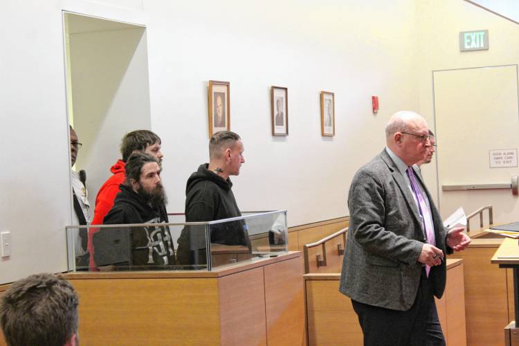 Defendants Casey Guillemette, Michael Burek and Bradley Trombley in Greenfield District Court last week.