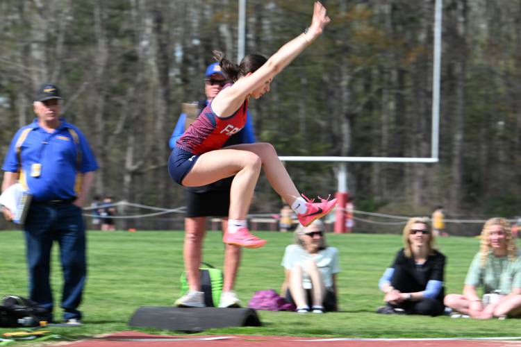 Frontier’s Ashley Rivard competes  in the long jump in South Deerfield Tuesday.  