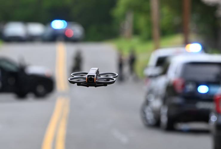 The small police drone that was used to inspect the inside of the home at 221 Elm St. in Greenfield, where a suspect was hiding on Friday after an alleged home invasion.