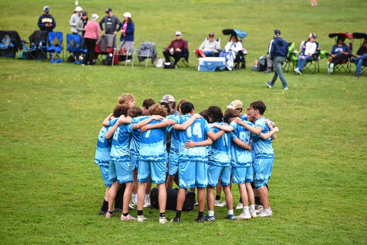 The Four Rivers boys ultimate team before its championship game against Xaverian during the Four Rivers Ultimate Tournament in Greenfield Saturday. 