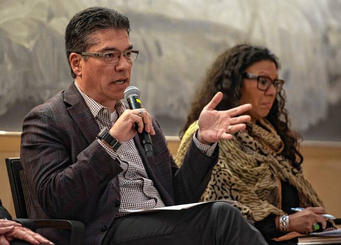 UMass Chancellor Javier Reyes answers questions during a special meeting of the Faculty Senate last week, where Reyes and members of his administration made a presentation and answered questions about the campus protest and police actions on May 7 and May 8.