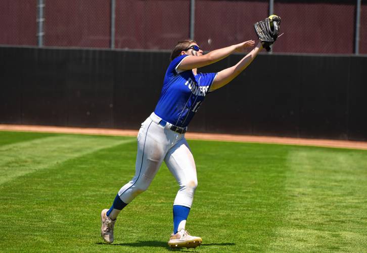 Turners Falls right fielder Janelle Massey snags a line drive for an out during the Thunder’s 5-Georgetown in the MIAA Division 5 championship game on Saturday at Sortino Field on the campus of UMass.