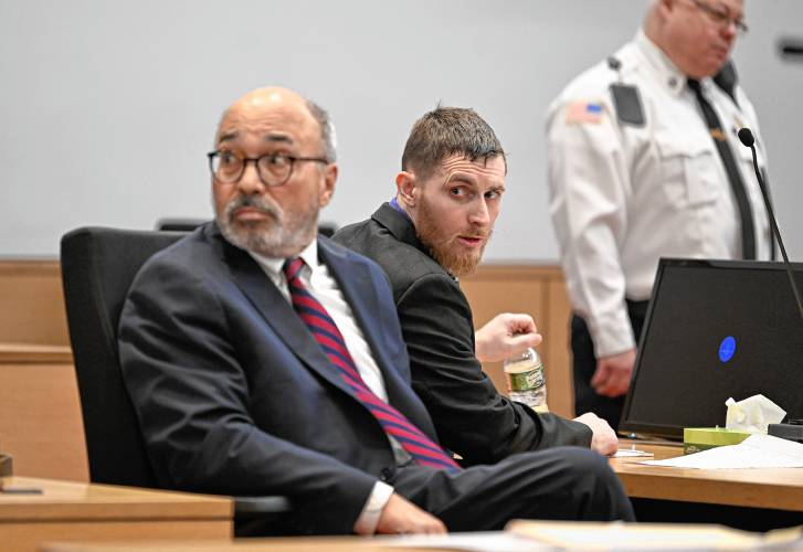 Javery Hattat, right, with his defense attorney R. David DeHerdt in Franklin County Superior Court on Monday.