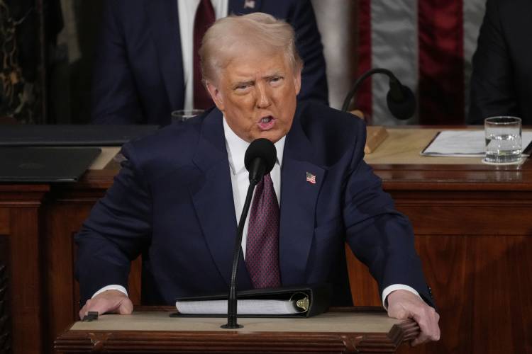 President Donald Trump addresses a joint session of Congress in the House chamber at the U.S. Capitol in Washington, Tuesday, March 4, 2025. (AP Photo/Julia Demaree Nikhinson)