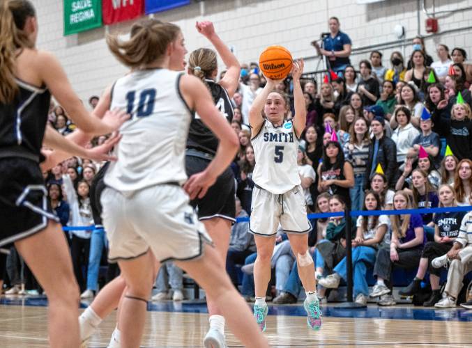 Smith guard Ally Landau, right, attempts a shot during the NCAA Division 3 Women's Basketball tournament Round of 32 game against Amherst at Ainsworth Gym, Saturday, March 8, 2025, in Northampton.