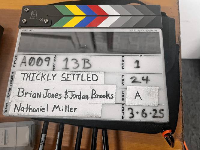 Wendell resident Brian Jones and Shutesbury resident Jordan Brooks co-wrote and co-directed “Thickly Settled,” a 23-minute short film shot in Wendell and Shutesbury earlier this month.