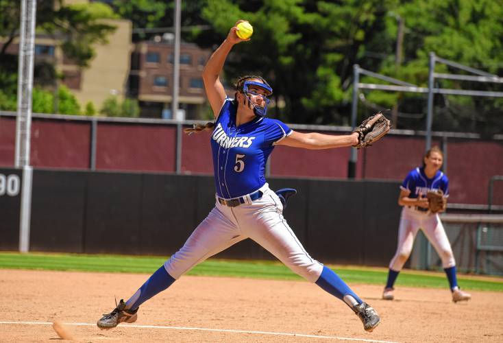 Turners Falls’ Madi Liimatainen delivers a pitch during the Thunder’s 5-0 win over Georgetown in the MIAA Division 5 championship game on Saturday at Sortino Field on the campus of UMass.