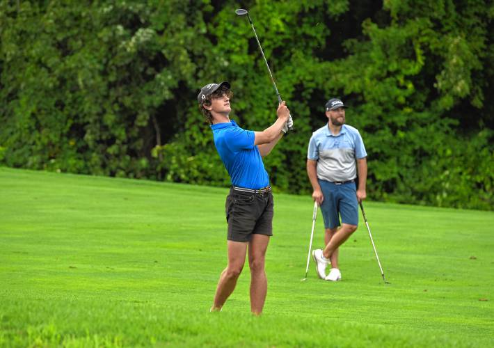 Belchertown’s Michael Murray watches his approach shot on the ninth hole at Ledges Golf Club in South Hadley during the 43rd Massachusetts Amateur Public Links Golf Championship on Wednesday. Murray finished tied for second place with a two-day total of 2-under 142.