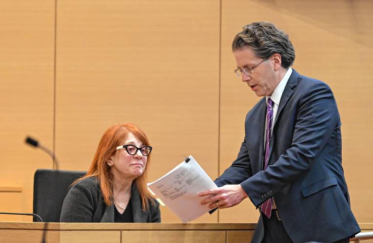 First District Attorney Steven Gagne, right, cross-examines expert witness Dr. Emily Clionsky in Franklin County Superior Court on Monday.
