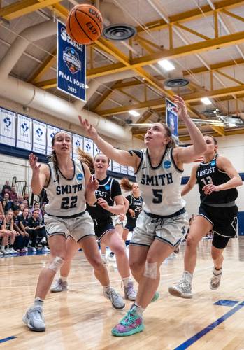Smith guard Ally Landau (5) looks to rebound the ball during the NCAA Division 3 Women's Basketball tournament Round of 32 game against Amherst at Ainsworth Gym, Saturday, March 8, 2025, in Northampton.