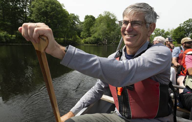 Paul Jahnige,  director of the Massachusetts Office of Outdoor Recreation,  paddles on Lake Warner in North Hadley. The group was there with Lauren Jones,  secretary of the state’s Executive Office of Labor and Workforce Development, as part of a MassHire 250 workforce Innovation Tour on Wednesday morning. 