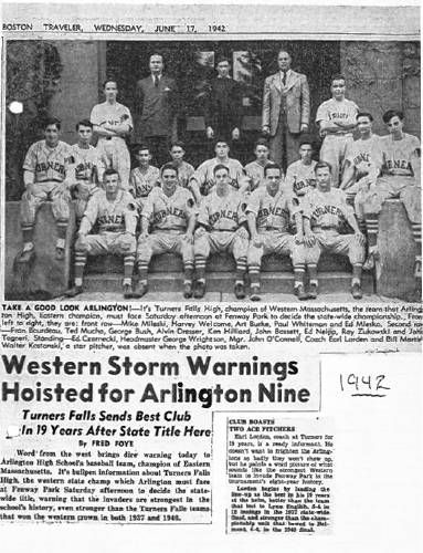 From the scrapbook of Turners Falls baseball coach, Earl Lorden, during the 1942 baseball season: Press clippings celebrating Turners Falls baseball big victory in 1942.