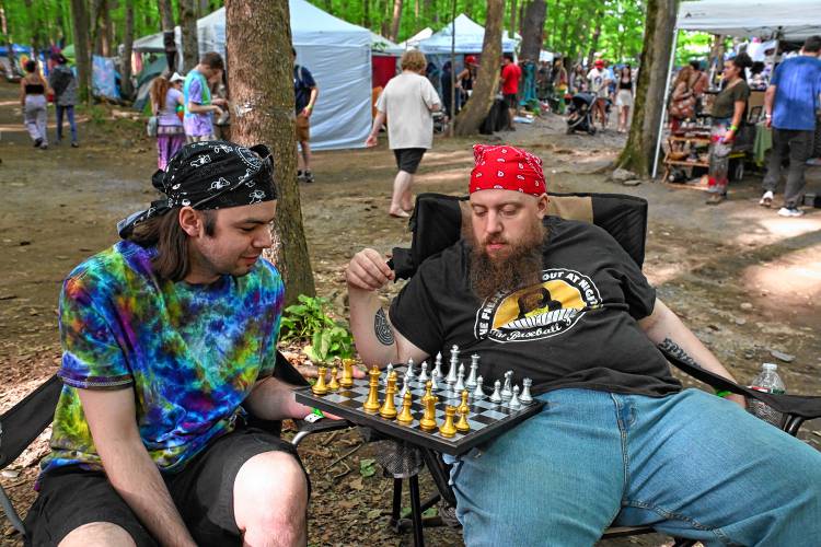 A game of chess at the 20th StrangeCreek Campout at Camp Kee-wanee in Greenfield on Saturday.