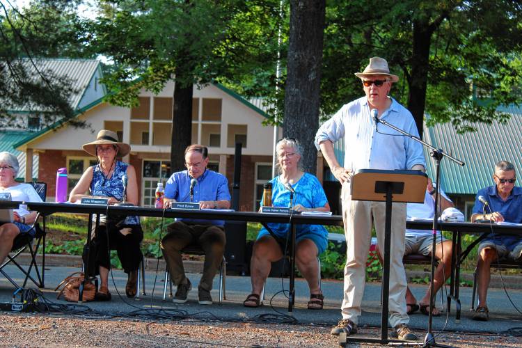 Whately Selectboard members Julie Waggoner, Fred Baron, and Joyce Palmer-Fortune, as well as Town Moderator Nathanael Fortune at the annual Town Meeting. Whately Selectboard members Julie Waggoner, Fred Baron, and Joyce Palmer-Fortune, as well as Town Moderator Nathanael Fortune at the annual Town Meeting.