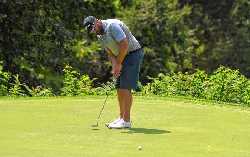 South Hadley’s Cody Miller watches a putt at Ledges Golf Club in South Hadley during the 43rd Massachusetts Amateur Public Links Golf Championship on Wednesday. Miller finished in a tie for eighth place.