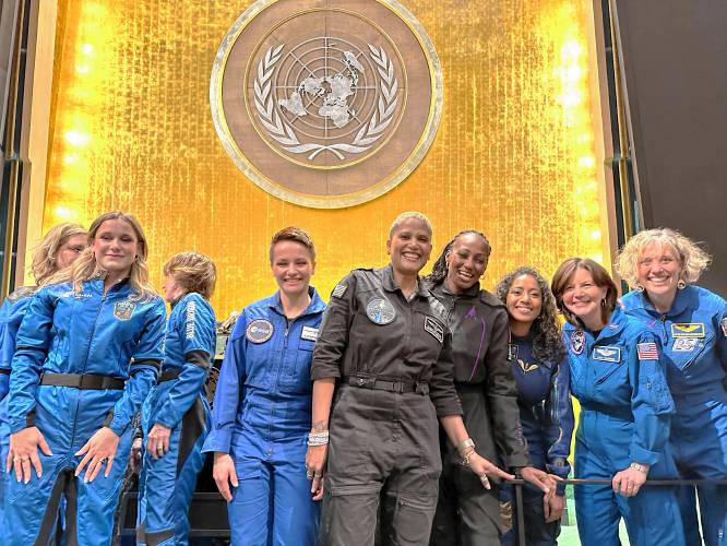 Astronauts Nicolina Elrick, Karsen Kitchen, Sharon Hagle, Amelie Schoenenwald, Sian Proctor, Keisha Schahaff, Sirisha Bandla, Shelburne resident Catherine “Cady” Coleman and Dottie Metcalf-Lindenburger at a gathering of women astronauts at the United Nations General Assembly to celebrate the International Day of Women and Girls in Science. Astronauts Nicolina Elrick, Karsen Kitchen, Sharon Hagle, Amelie Schoenenwald, Sian Proctor, Keisha Schahaff, Sirisha Bandla, Shelburne resident Catherine “Cady” Coleman and Dottie Metcalf-Lindenburger at a gathering of women astronauts at the United Nations General Assembly to celebrate the International Day of Women and Girls in Science.