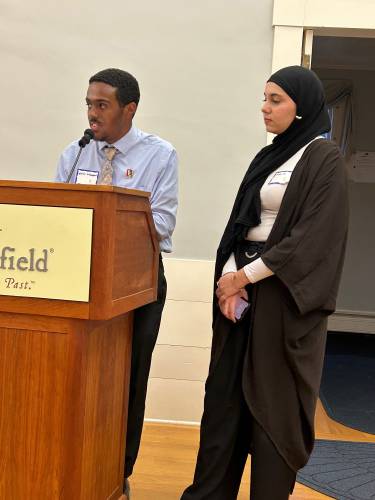 Greenfield High School students and members of the Students of Color Club Nate Woodard and Kanza Nasrullah were honored at the 25th annual Peacemaker Awards last week at the Deerfield Community Center.