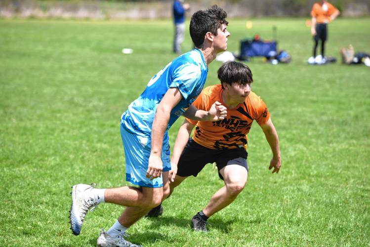 Four Rivers’ Sam Whitney moves up field during a game against Newton North in the Four Rivers Ultimate Tournament in Greenfield Saturday.