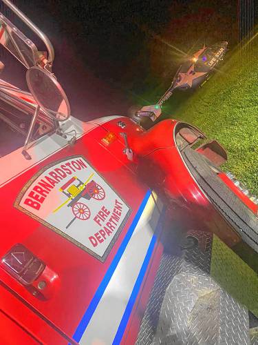 The Bernardston Fire Department responded and set up a landing zone for a medical helicopter after a man crashed his vehicle into a tree on Eden Trail near the Bernardston/Leyden line on Sunday night. The Bernardston Fire Department responded and set up a landing zone for a medical helicopter after a man crashed his vehicle into a tree on Eden Trail near the Bernardston/Leyden line on Sunday night.